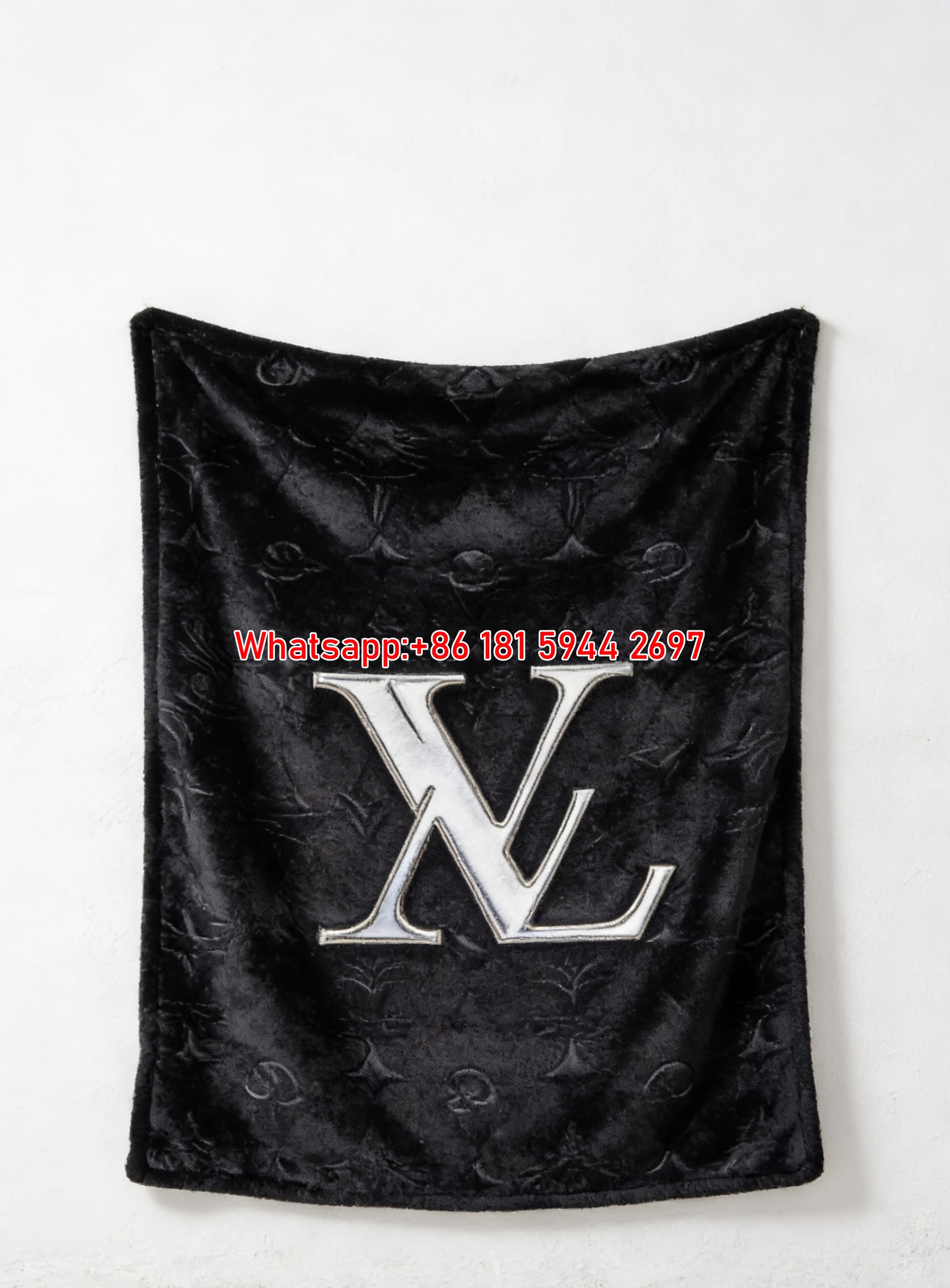 Silver LV Monogram Blanket Black Leather LV Throw 153